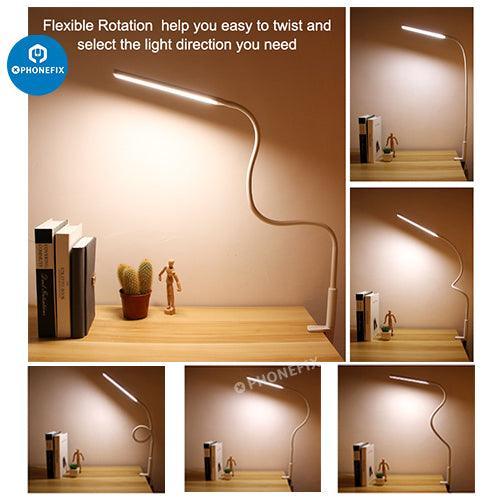 Flexible LED desk lamp with magnifying glass and 3 lighting modes, designed for phone repair by PHONEFIX.