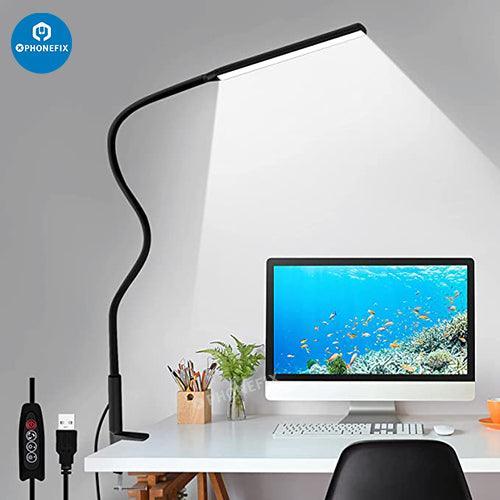 Flexible LED desk lamp with magnifying glass, three lighting modes for phone repair by PHONEFIX, ideal for detailed work.