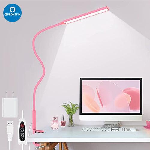 Flexible LED desk lamp with magnifying glass and three lighting modes for phone repair, branded PHONEFIX, illuminated and adjustable.