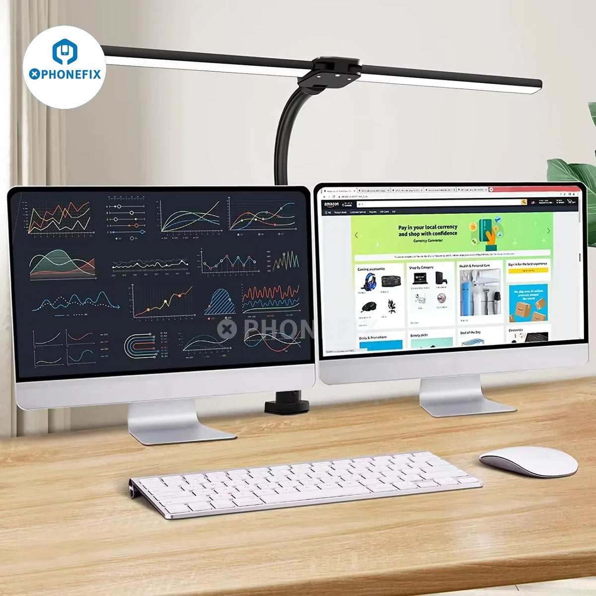 PHONEFIX 24W double head LED desk lamp with magnifying glass for soft eye protection and bright illumination.