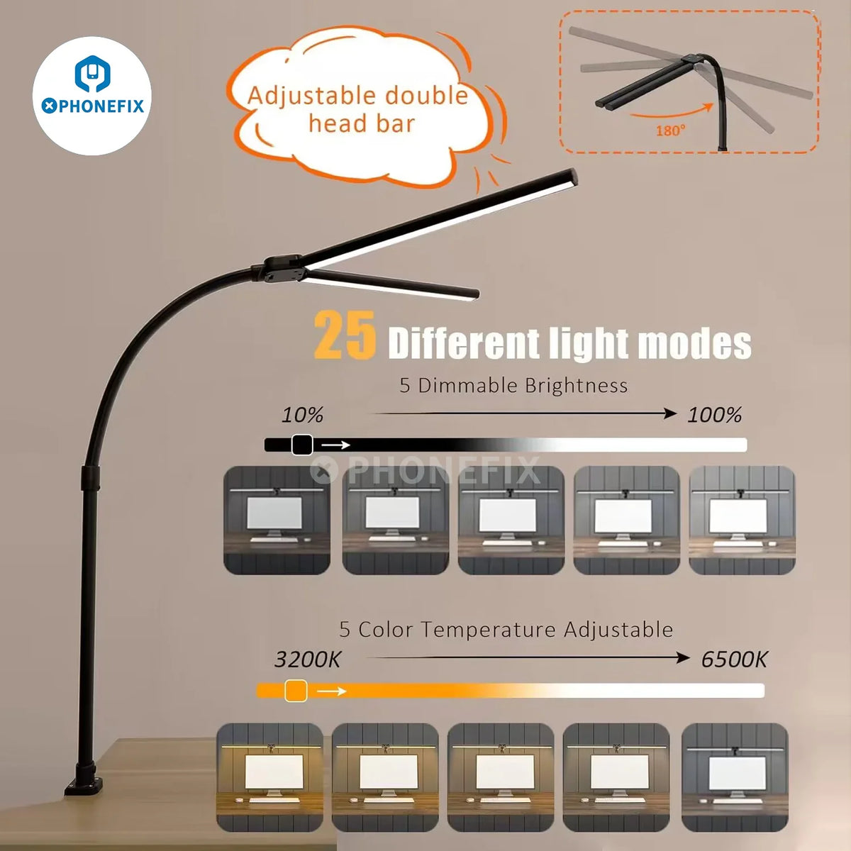 PHONEFIX soft LED desk lamp with double head magnifying glass, 24W eye-protection lighting for detailed work.