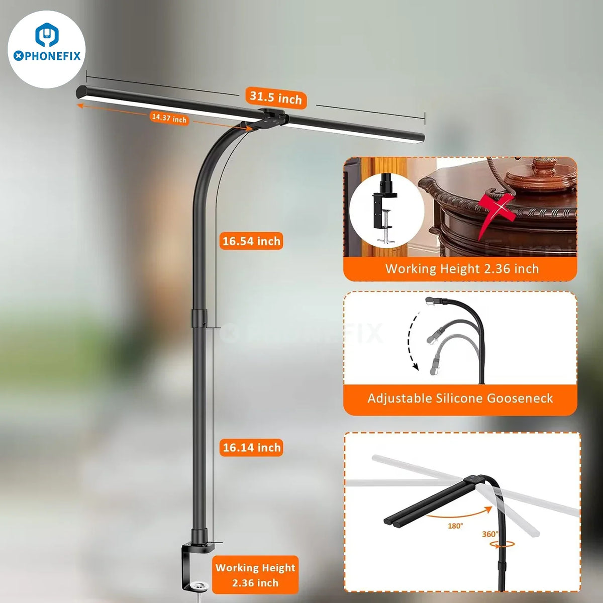 PHONEFIX soft LED desk lamp with magnifying glass, double head 24W eye-protection table light for detailed work