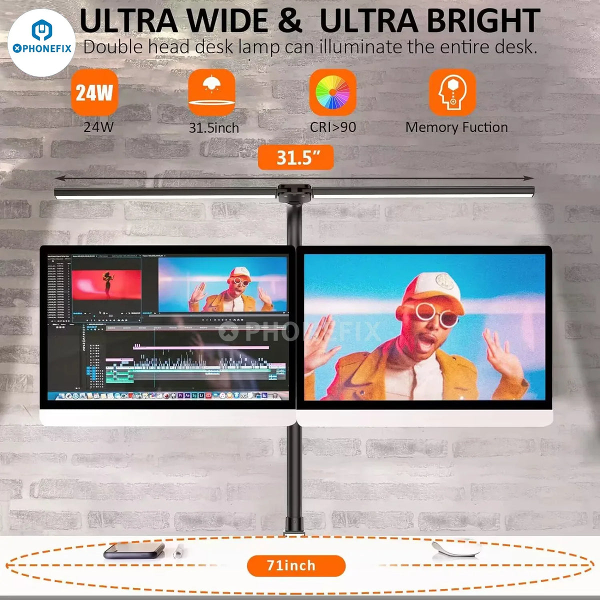 PHONEFIX soft eye-protection LED 24W double head table desk lamp with magnifying glass for detailed work and optimal lighting.