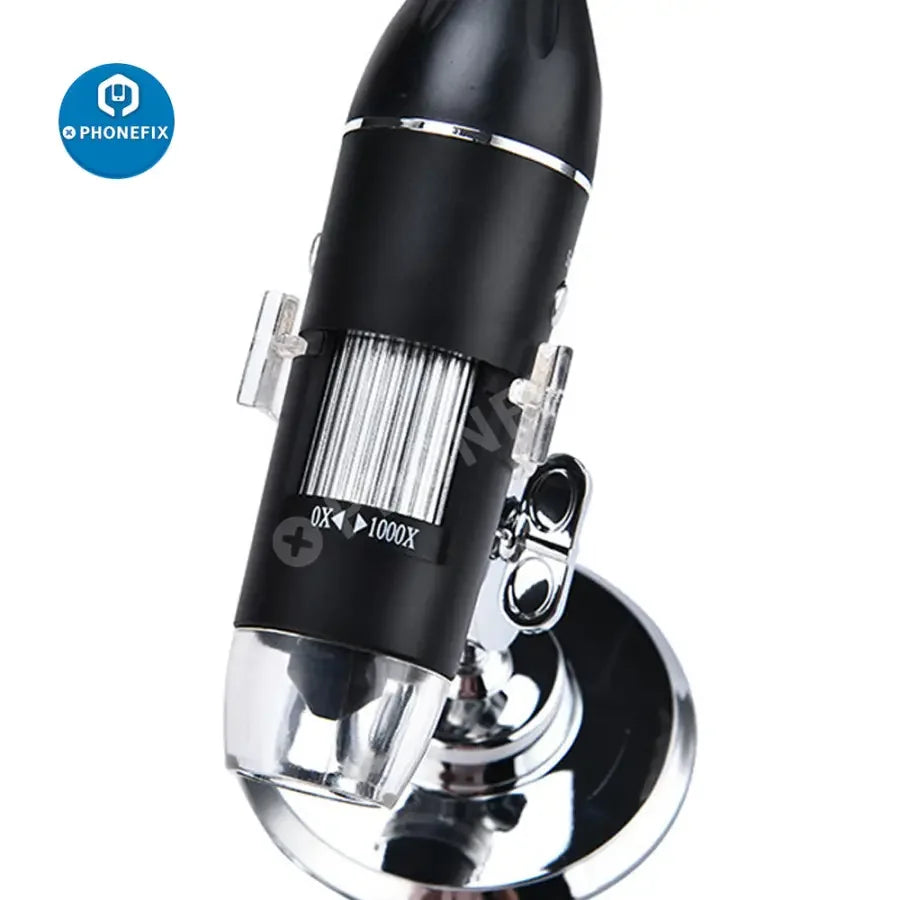 USB digital microscope camera with 8 LED magnifier and stand, showing detailed view of the microscope for PHONEFIX.