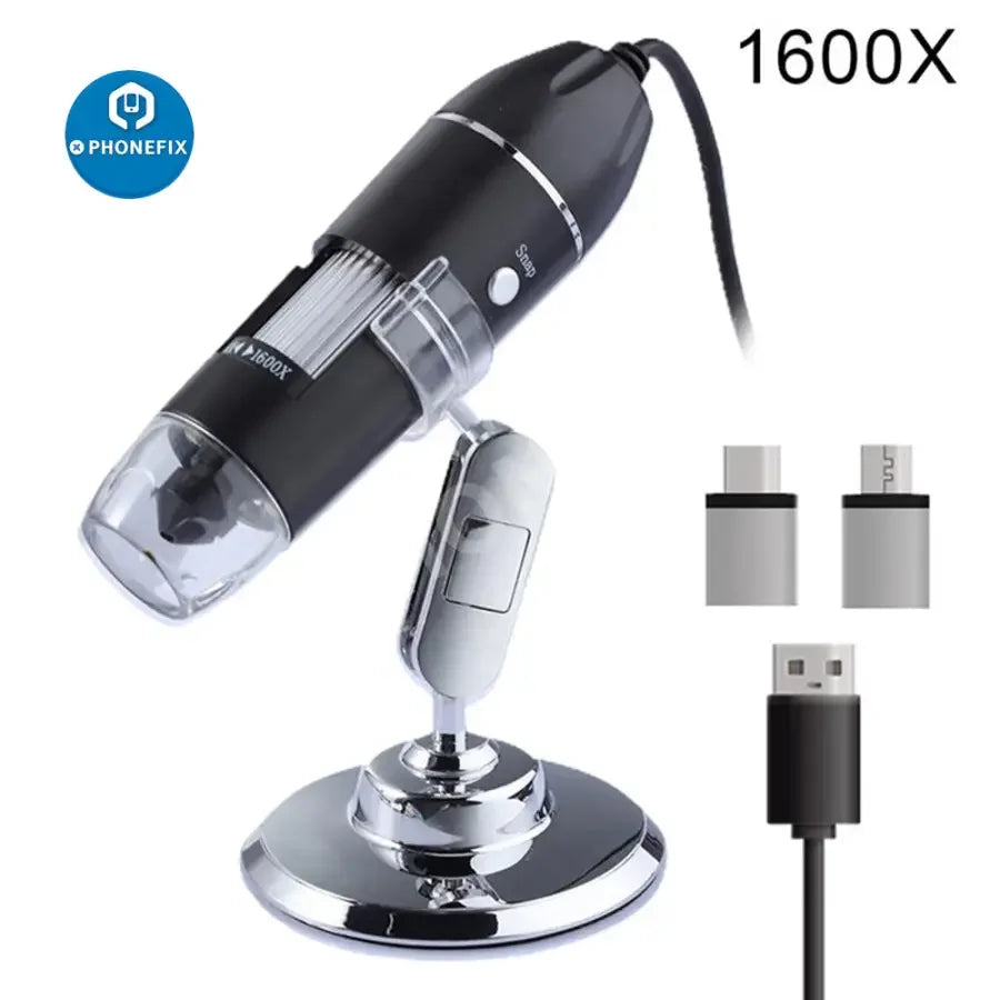USB digital microscope camera endoscope with 8 LED magnifier and stand, ideal for detailed close-up inspection.