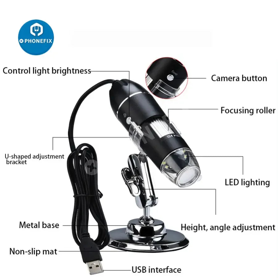 USB digital microscope camera with 8 LED magnifier and stand, featuring a compact design for detailed close-up viewing.