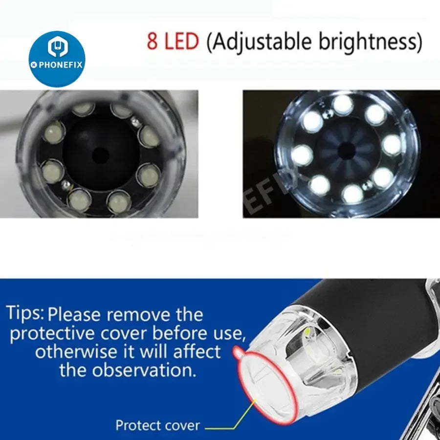 PHONEFIX USB digital microscope camera with 8 LED lights, magnifier, and stand for detailed close-up inspection.