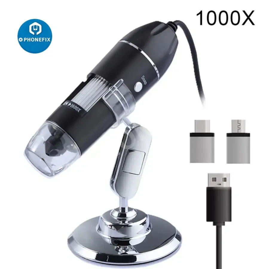 USB digital microscope camera with 8 LED magnifier and stand, used for detailed close-up inspections and magnification.