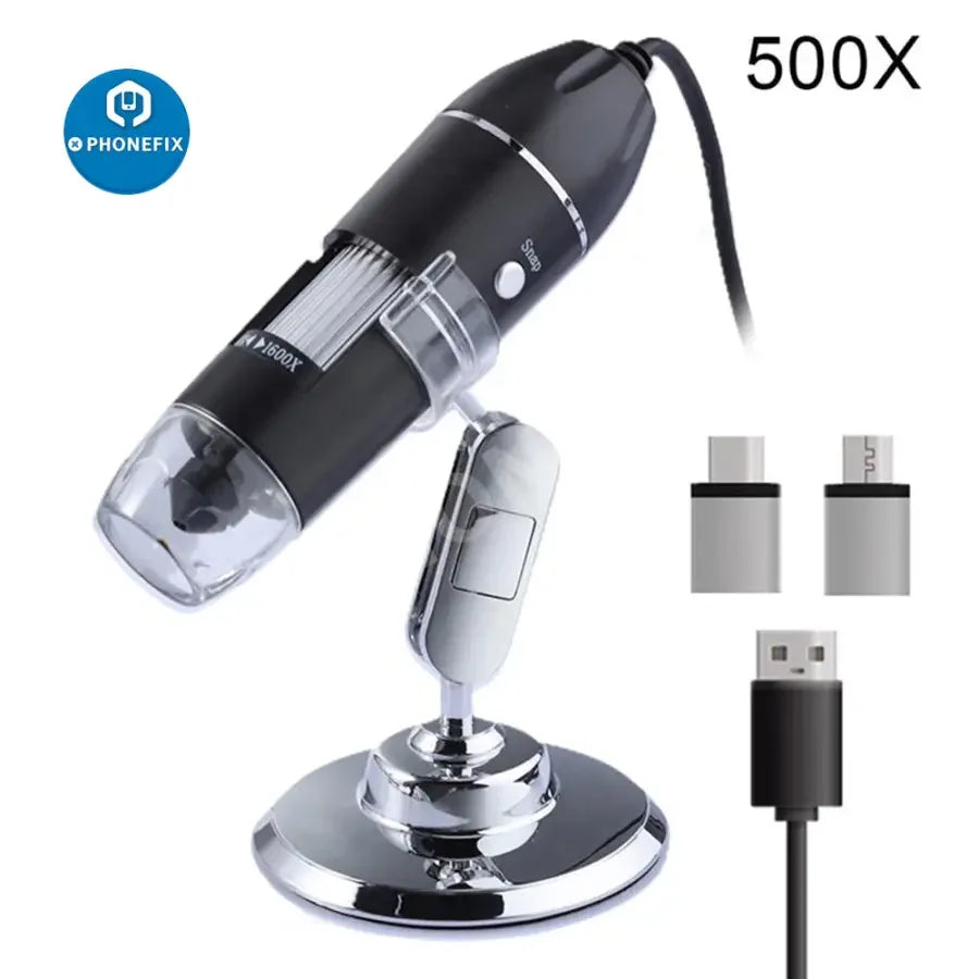 USB digital microscope camera with 8 LED magnifier and stand, used for detailed close-up inspections and magnification.