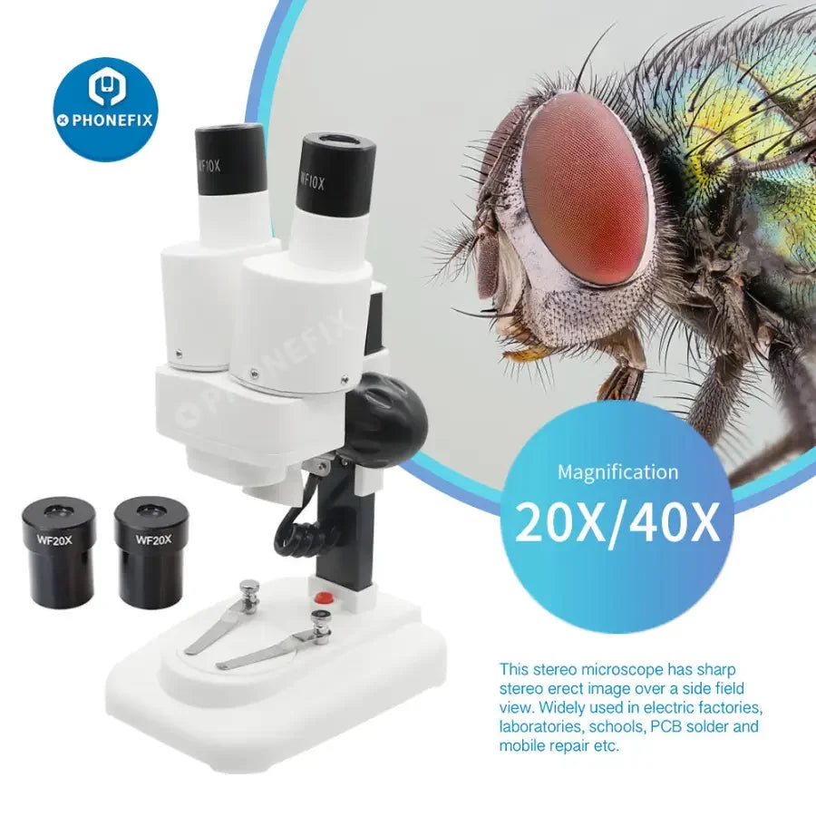 PhoneFix 20x-40x binocular stereo microscope for PCB soldering observation, featuring adjustable zoom and durable construction.