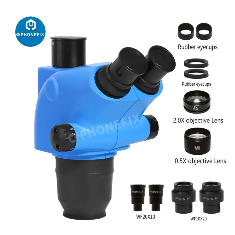 PhoneFix 6.5X-65X trinocular stereo zoom microscope head with 3.25X-130X/260X magnification for detailed viewing.
