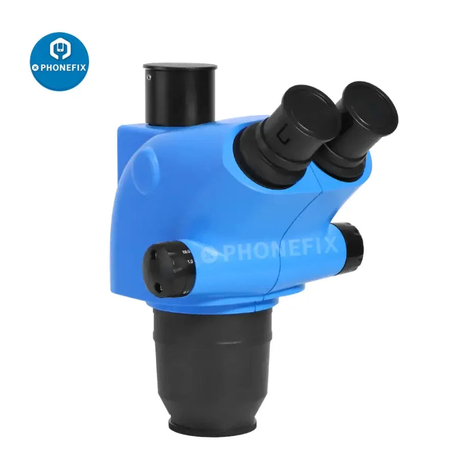 PhoneFix 6.5X-65X trinocular stereo zoom microscope head with 3.25X-130X/260X magnification for detailed inspection.