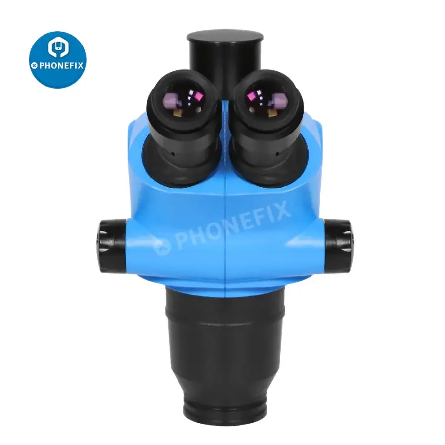 Phonefix 6.5X-65X trinocular stereo zoom microscope head with 3.25X-130X/260X magnification, featuring adjustable focus.