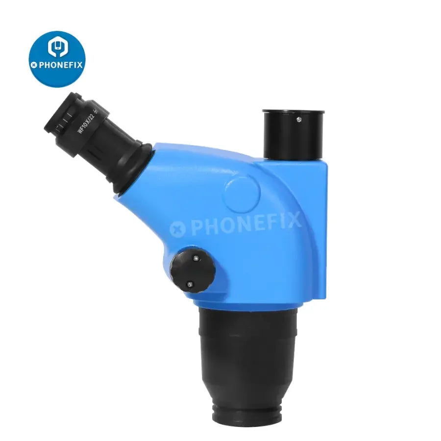 Phonefix 6.5X-65X trinocular stereo zoom microscope head with 3.25X-130X/260X magnification, black and silver design.