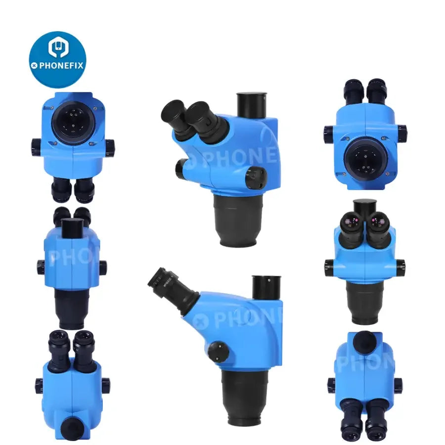 Phonefix 6.5X-65X trinocular stereo zoom microscope head with 3.25X-130X and 6.5X-260X magnification for detailed viewing.