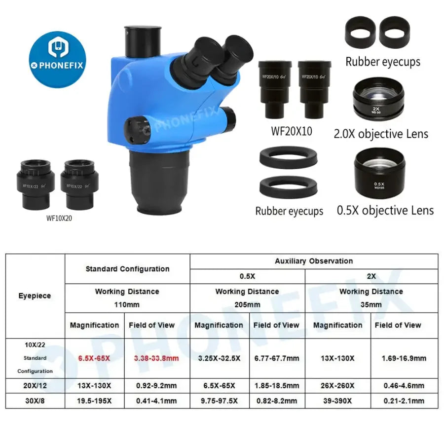 PhoneFix 6.5X-65X trinocular stereo zoom microscope head with 3.25X-130X/260X magnification, featuring adjustable viewing angles.