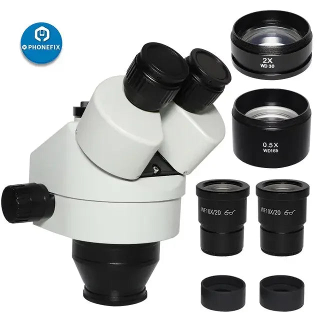PHONEFIX 7X-45X trinocular zoom stereo microscope with simul-focal head, featuring dual eyepieces and adjustable magnification.