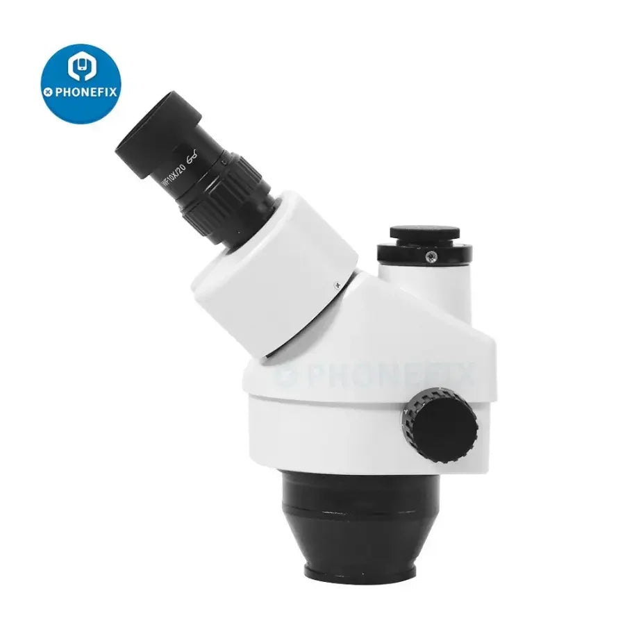 PHONEFIX 7X-45X trinocular zoom stereo microscope with simul-focal head showing eyepieces and adjustable zoom lenses.