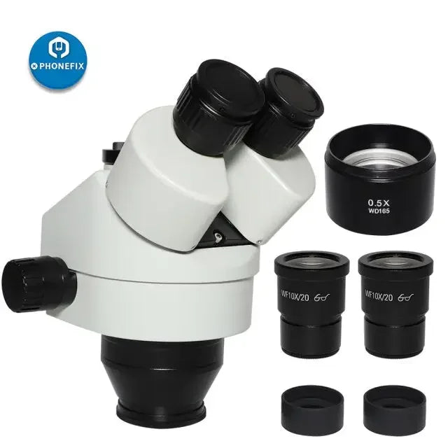 PhoneFix 7x-45x trinocular zoom stereo microscope with simul-focal head, ideal for detailed scientific and educational observations.