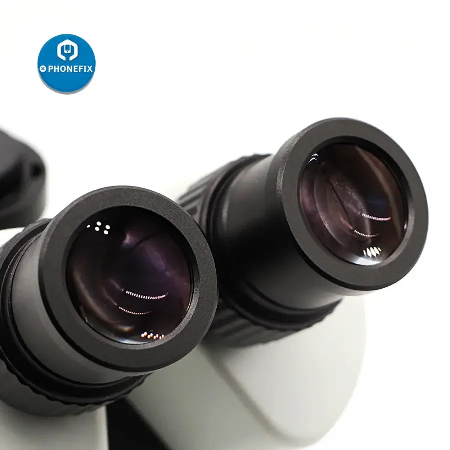 Phonefix 7x-45x trinocular zoom stereo microscope with simul-focal head, ideal for detailed scientific or industrial inspection.