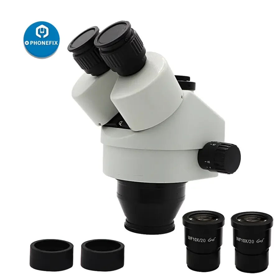 Phonefix 7X-45X trinocular zoom stereo microscope with simul-focal head, ideal for detailed scientific and educational observations.