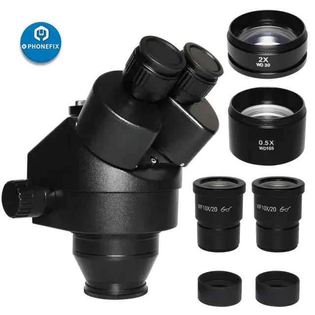 PhoneFix 7X-45X trinocular zoom stereo microscope with Simul-Focal head, ideal for detailed magnification and observation.
