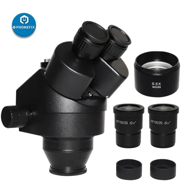 PHONEFIX 7X-45X trinocular zoom stereo microscope with simul-focal head, used for detailed scientific and industrial inspection.