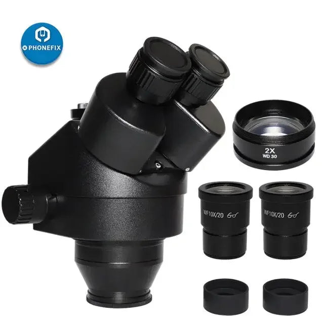 PHONEFIX 7X-45X trinocular zoom stereo microscope with simul-focal head, featuring adjustable magnification for detailed viewing.