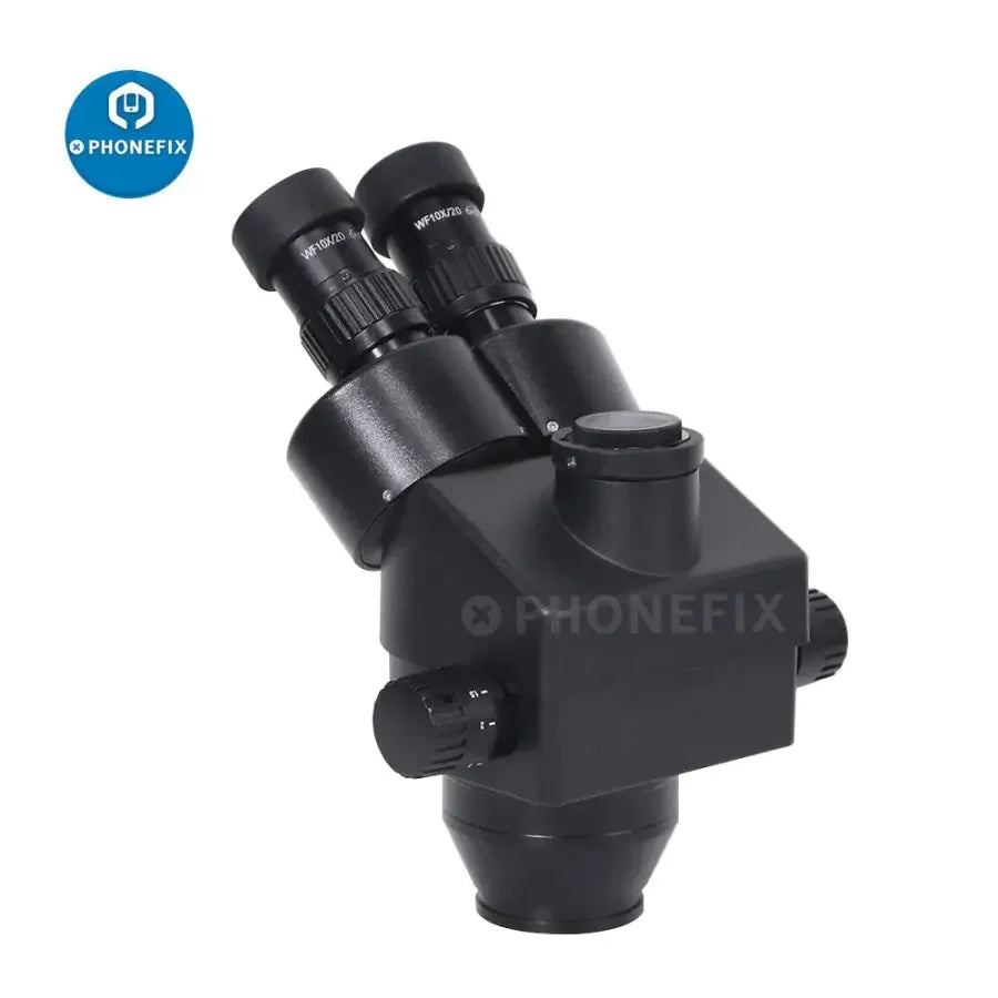 PhoneFix 7X-45X trinocular zoom stereo microscope with simul-focal head, ideal for detailed scientific inspection and observation.