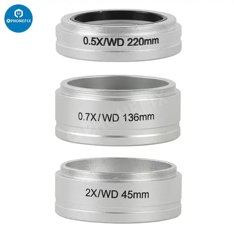 PHONEFIX Simul-focal 8X-50X industrial trinocular stereo microscope with lens, showing eyepieces and adjustable focus.