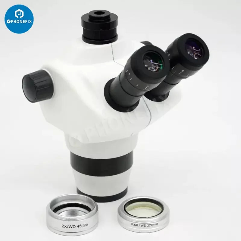 Simul-focal 8X-50X industrial trinocular stereo microscope with lens, used for detailed viewing of small objects.