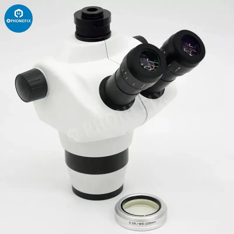 PHONEFIX Simul-focal 8X-50X industrial trinocular stereo microscope with lens, featuring adjustable eyepieces and sturdy build.