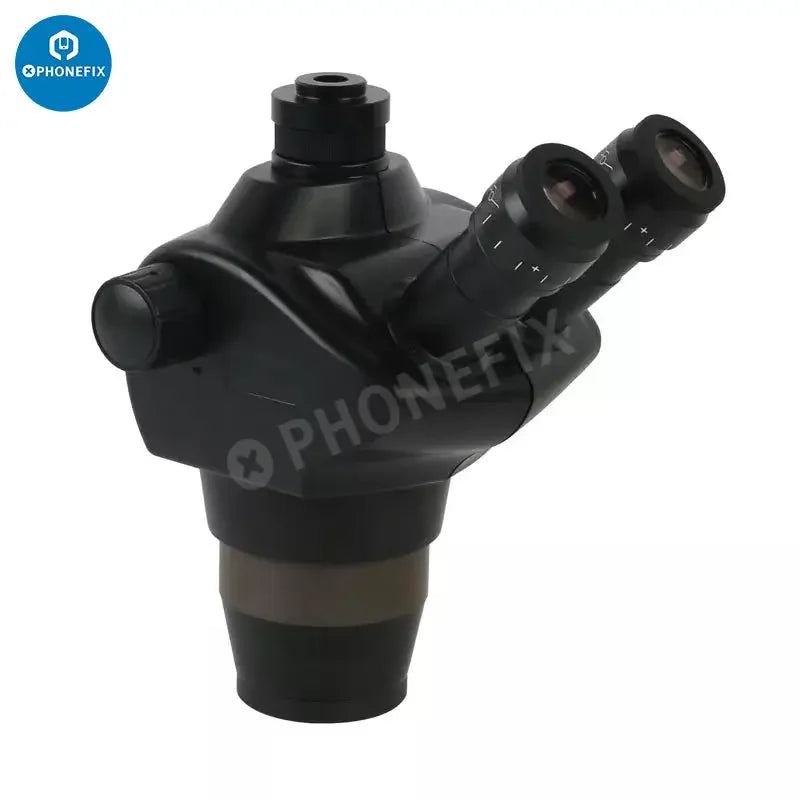 PhoneFix Simul-Focal 8X-50X industrial trinocular stereo microscope with lens, featuring adjustable focus and sturdy build.