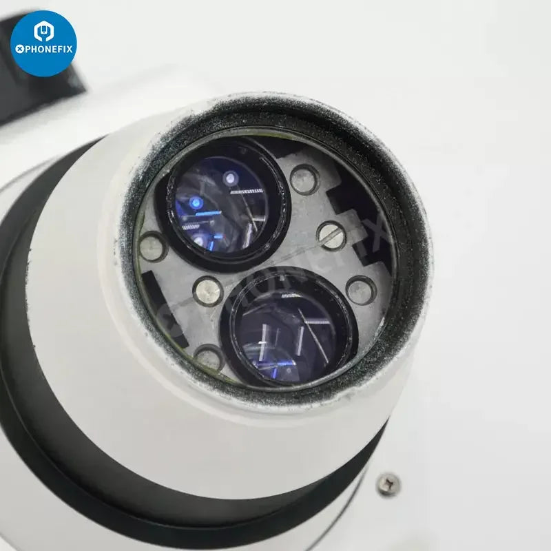 Simul-focal 8X-50X industrial trinocular stereo microscope with lens by PHONEFIX, showing the microscope with eyepieces and adjustable focus