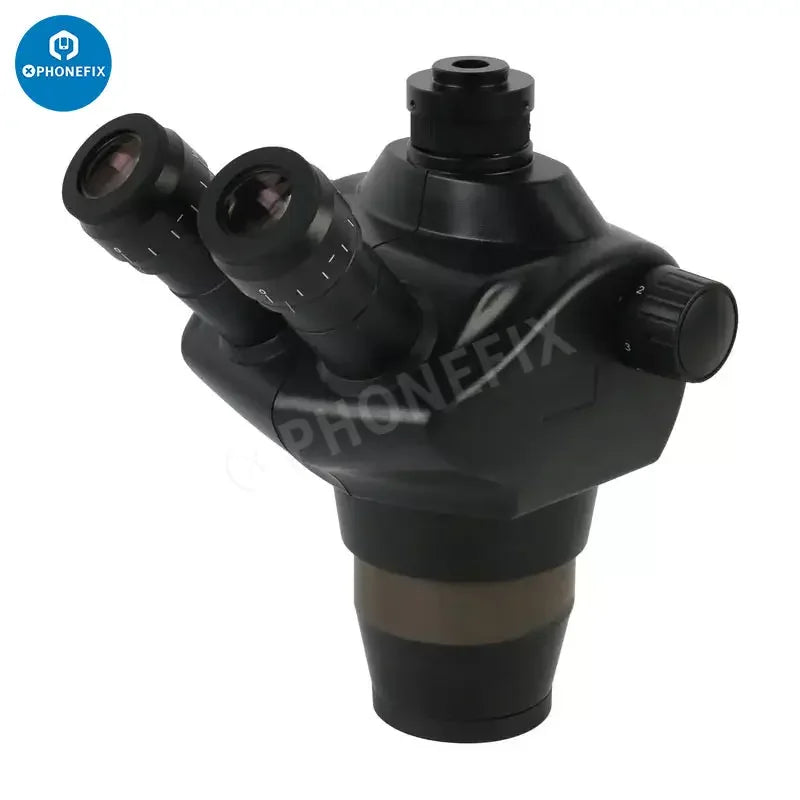 Simul-focal 8X-50X industrial trinocular stereo microscope with lens, black body, adjustable eyepieces, and sturdy base.