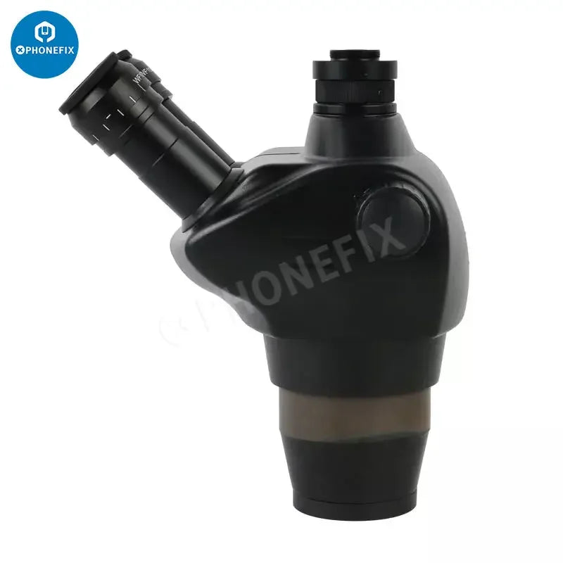 PhoneFix Simul-Focal 8X-50X industrial trinocular stereo microscope with lens, featuring a sturdy metal frame and multiple magnification options.