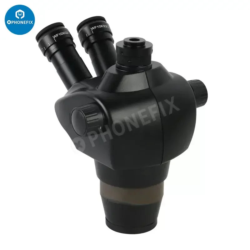 PHONEFIX Simul-Focal 8X-50X Industrial Trinocular Stereo Microscope with lens, showing the binocular head and adjustable focusing knobs.