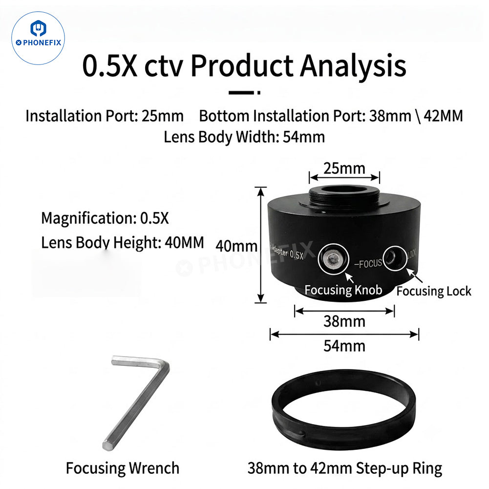 PHONEFIX microscope C-mount adapter lens in 0.5X magnification, compatible with microscope accessories, visible in the image.