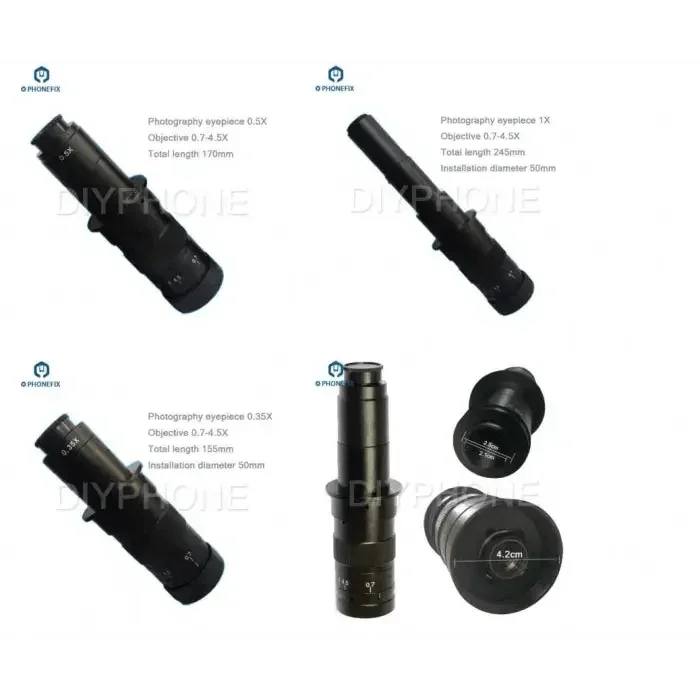 Phonefix microscope camera C-mount lens adapter with 0.35X, 0.5X, and 1.0X zoom, used as a microscope accessory for enhanced imaging.