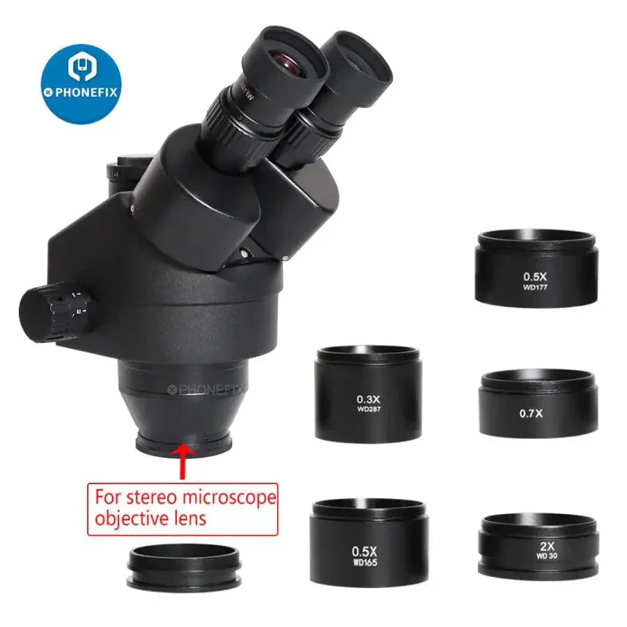 PhoneFix auxiliary lens adapter for stereo zoom microscopes, featuring 0.5X, 0.7X, and 2.0X magnification options.