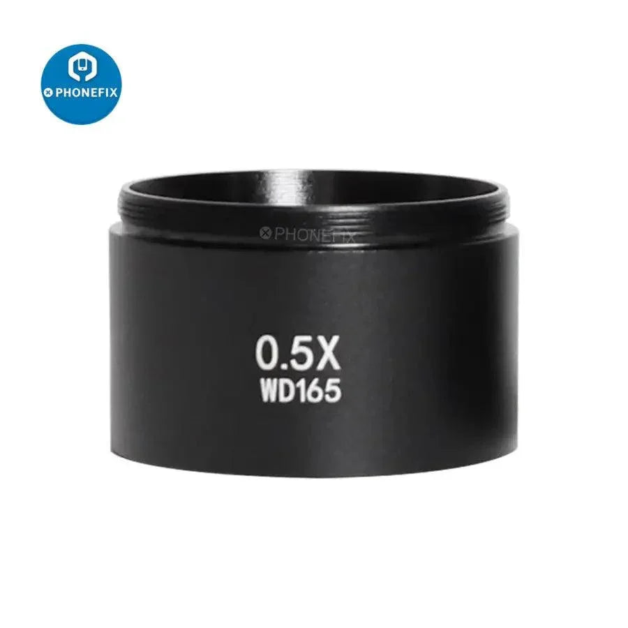 PhoneFIX auxiliary lens adapter for stereo zoom microscopes, includes 0.5X, 0.7X, and 2.0X lens options for enhanced magnification.