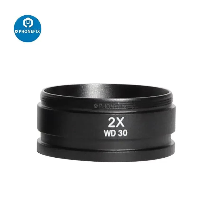 Phonefix auxiliary lens adapters in 0.5X, 0.7X, and 2.0X for stereo zoom microscopes, used as microscope accessories.