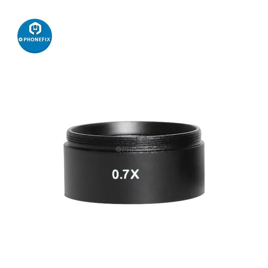 Phonefix auxiliary lens adapters for stereo zoom microscopes, including 0.5X, 0.7X, and 2.0X magnification accessories.
