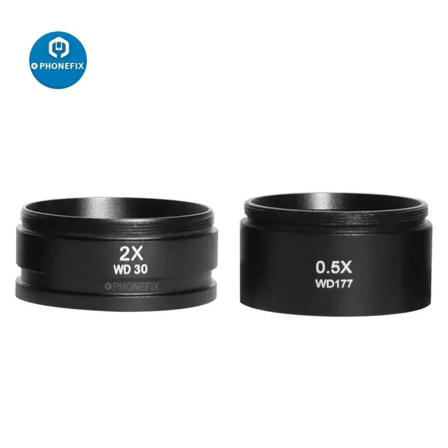 PHONEFIX auxiliary objects lens adapter for stereo zoom microscopes, with 0.5X, 0.7X, and 2.0X magnification options.