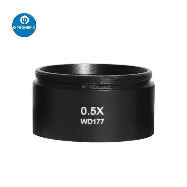 PHONEFIX auxiliary lens adapter for stereo zoom microscopes, with 0.5X, 0.7X, and 2.0X magnification options.