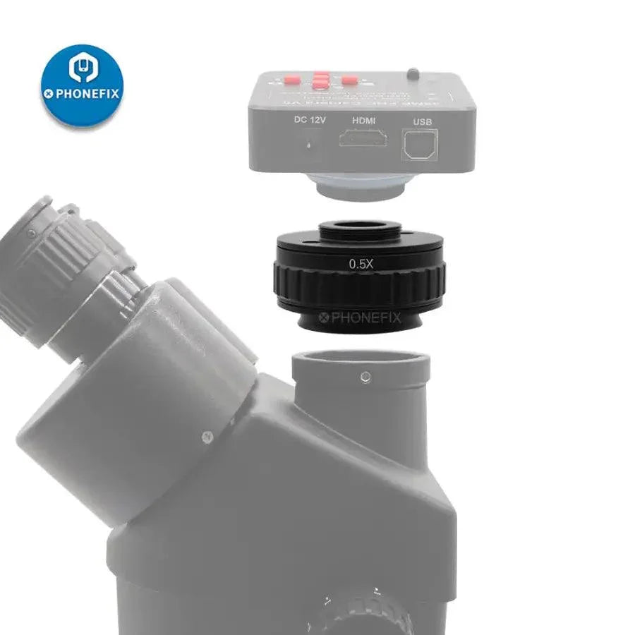 PhoneFIX CTV 0.35X 0.5X focus C-mount adapter for trinocular microscopes, enhancing magnification and image clarity.