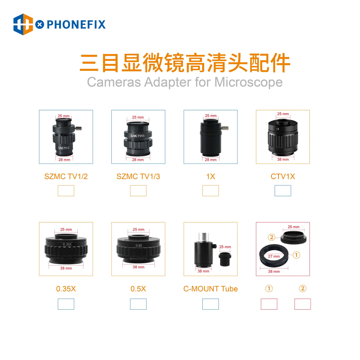 PhoneFix CTV 0.35X 0.5X focus C-Mount adapter for trinocular microscopes, used as a versatile microscope accessory.