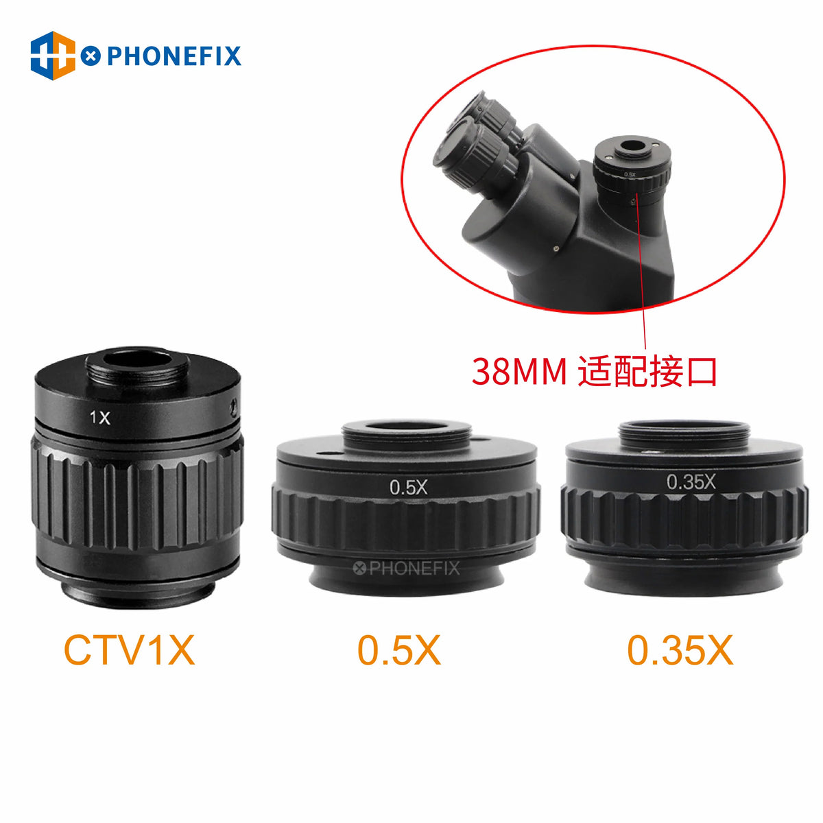 PhoneFIX CTV 0.35X 0.5X Focus C-Mount Adapter for Trinocular Microscope, accessory for enhanced imaging and focus.