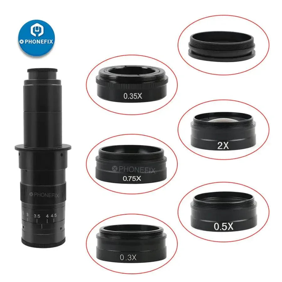 PhoneFix 0.5X Barlow lens for microscope C-mount, auxiliary objective glass for 180x to 300x magnification inspection.