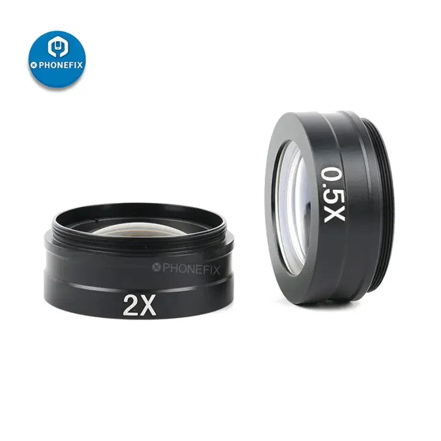 PhoneFix 0.5X Barlow lens for microscope, auxiliary objective glass compatible with 180X and 300X C-mount microscopes.